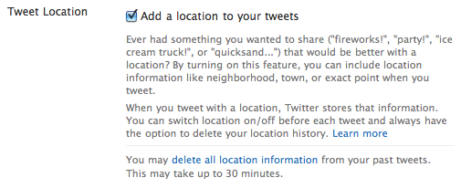 screenshot of the Tweet Location section of Twitter settings